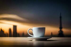 ein Tasse von Kaffee auf ein Tabelle im Vorderseite von ein Stadt Horizont. KI-generiert foto