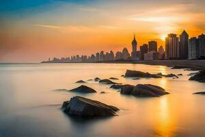 das Stadt Horizont beim Sonnenuntergang im Dubai. KI-generiert foto