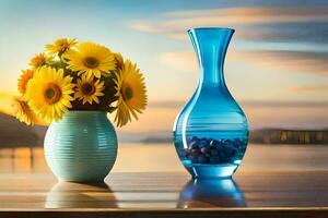 Sonnenblumen im ein Blau Vase auf ein Tisch. KI-generiert foto