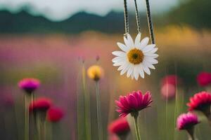 ein Gänseblümchen hängend von ein Halskette im ein Feld von Blumen. KI-generiert foto