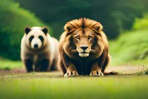 zwei Löwen und ein Panda Gehen im das Gras. KI-generiert foto