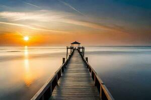 ein Seebrücke Dehnen in das Ozean beim Sonnenuntergang. KI-generiert foto