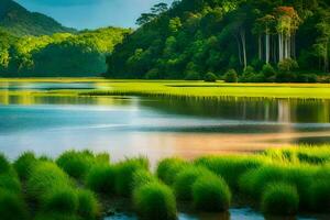 ein Fluss im das Mitte von ein Wald mit hoch Gras. KI-generiert foto