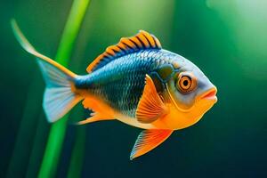 ein Fisch mit Orange und Blau Streifen Schwimmen im das Wasser. KI-generiert foto