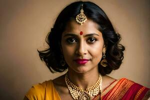 ein Frau im ein Sari mit Gold Schmuck. KI-generiert foto