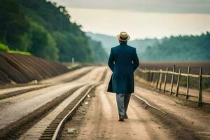 ein Mann im ein Hut und Mantel Spaziergänge Nieder ein Eisenbahn Schiene. KI-generiert foto
