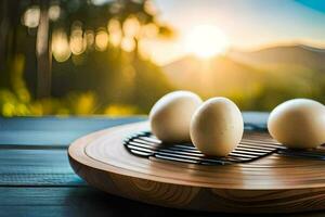 Eier auf ein hölzern Tablett mit ein Sonnenuntergang im das Hintergrund. KI-generiert foto