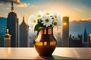 ein Vase mit Blumen auf ein Tabelle im Vorderseite von ein Stadt. KI-generiert foto