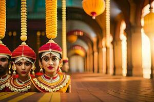 drei Frauen im traditionell indisch Kostüme. KI-generiert foto