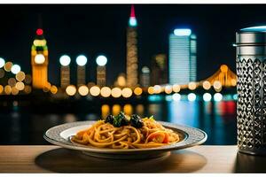 ein Teller von Spaghetti mit ein Stadtbild im das Hintergrund. KI-generiert foto