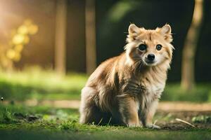 ein klein Hund Sitzung im das Gras. KI-generiert foto