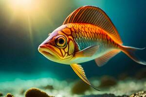 ein Fisch Schwimmen im das Ozean mit das Sonne leuchtenden. KI-generiert foto