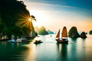 Halong Bucht, Vietnam, Sonnenuntergang, Boote, Sonnenuntergang, Vietnam, v. KI-generiert foto