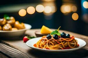 Spaghetti mit Tomate Soße und Blaubeeren auf ein hölzern Tisch. KI-generiert foto