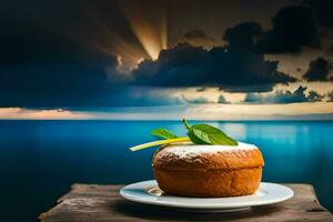 ein Dessert auf ein Teller mit ein Aussicht von das Ozean. KI-generiert foto