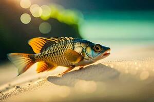 ein Fisch ist Gehen auf das Sand. KI-generiert foto