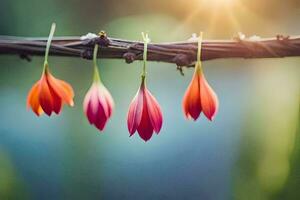 drei rot Blumen hängend von ein Ranke. KI-generiert foto