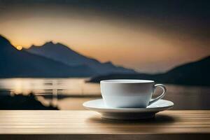 Kaffee Tasse auf das Tabelle mit Berge im das Hintergrund. KI-generiert foto