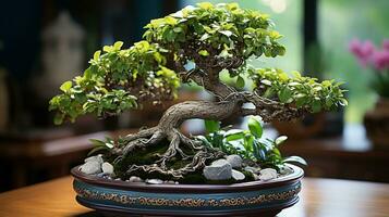 schön eingetopft Bonsai Zier Pflanzen generativ ai foto