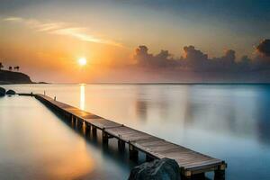 ein hölzern Seebrücke erstreckt sich aus in das Ozean beim Sonnenuntergang. KI-generiert foto