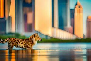 ein Leopard Gehen über das Wasser im Vorderseite von ein Stadt Horizont. KI-generiert foto