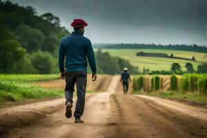 ein Mann Gehen Nieder ein Schmutz Straße mit ein Feld im das Hintergrund. KI-generiert foto