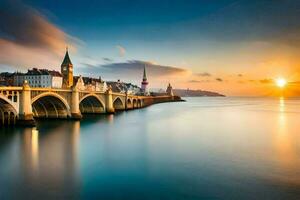 das Sonne setzt Über ein Brücke im Zürich, Schweiz. KI-generiert foto