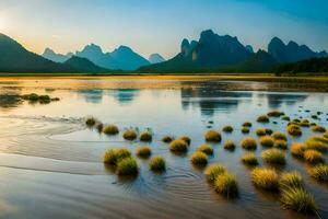 das Sonne steigt an Über ein See und Berge im China. KI-generiert foto