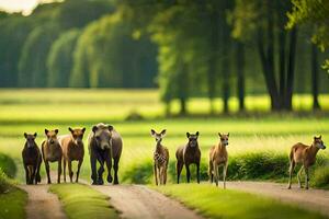 ein Herde von Pferde und Hirsch Gehen Nieder ein Straße. KI-generiert foto