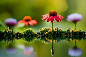 Foto Hintergrund, Blumen, das Himmel, das Sonne, das Wasser, das Grün, das Wasser. KI-generiert