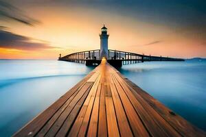 ein lange Exposition Foto von ein Leuchtturm beim Sonnenuntergang. KI-generiert