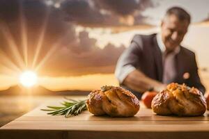 ein Mann im ein passen ist vorbereiten Essen auf ein Tisch. KI-generiert foto