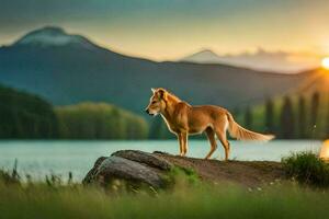 ein Hund steht auf ein Felsen im Vorderseite von ein See beim Sonnenuntergang. KI-generiert foto