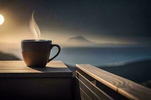 Kaffee Tasse auf das Balkon, das Mond, das Meer, das Berge, das Sonnenaufgang,. KI-generiert foto