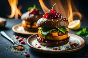 zwei Burger mit Beeren und Gewürze auf ein Platte. KI-generiert foto