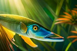 ein Fisch mit Gelb und Blau Flossen ist Schwimmen im das Wasser. KI-generiert foto