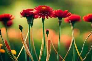 rot Blumen im ein Feld mit Grün Gras. KI-generiert foto