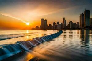 das Sonne setzt Über das Stadt Horizont im Dubai. KI-generiert foto
