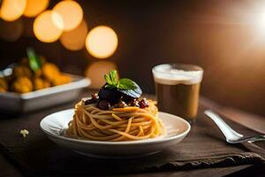 Spaghetti mit Fleisch Soße und ein Glas von Wein. KI-generiert foto