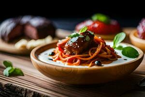 ein hölzern Schüssel mit Spaghetti und Fleisch auf Es. KI-generiert foto