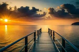 ein hölzern Seebrücke führt zu das Ozean beim Sonnenuntergang. KI-generiert foto