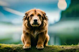 ein Hund Sitzung auf ein Log in der Nähe von ein See. KI-generiert foto