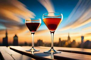 zwei Wein Brille mit rot Flüssigkeit auf ein Tabelle im Vorderseite von ein Stadt Horizont. KI-generiert foto
