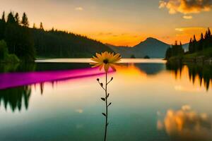 ein Blume ist Sitzung auf das Kante von ein See mit Berge im das Hintergrund. KI-generiert foto
