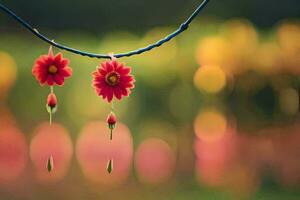 zwei rot Blumen hängend von ein Kabel. KI-generiert foto