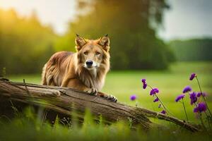 Foto Hintergrund das Himmel, Blumen, Gras, Hund, Person, das Wald, das Sonne,. KI-generiert