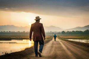 ein Mann im ein Hut Spaziergänge Nieder ein Schmutz Straße beim Sonnenuntergang. KI-generiert foto