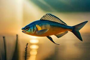 ein Fisch ist fliegend Über das Wasser beim Sonnenuntergang. KI-generiert foto