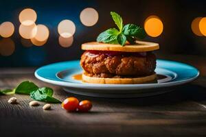 ein Sandwich mit Fleisch und Tomate auf ein Platte. KI-generiert foto