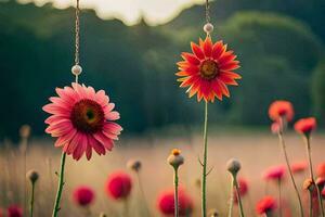 zwei Blumen hängend von ein Zeichenfolge im ein Feld. KI-generiert foto